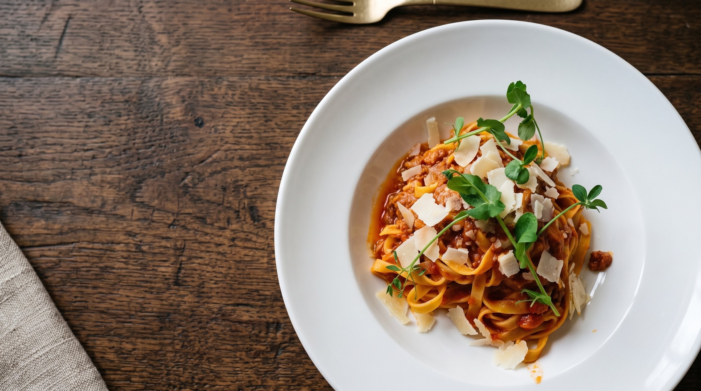 Frisch zubereitete Tagliatelle mit Ragù und gehobeltem Parmesan im Restaurant Da Noi
